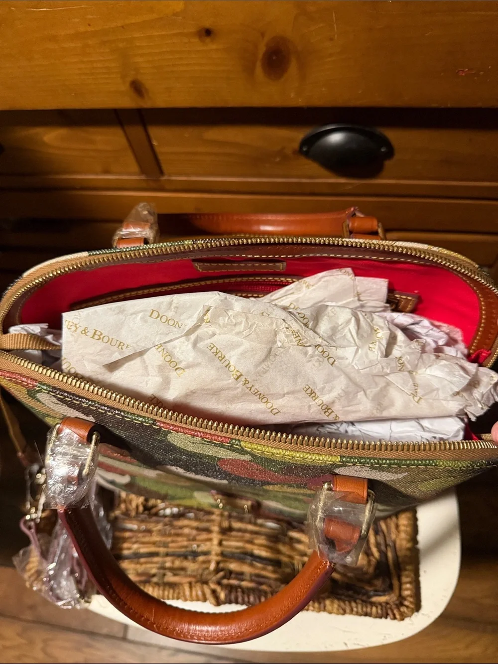 Dooney & Bourke Multicolor Camo Duck-Print Satchel with Tan Leather Trim BNWT - Picture 5 of 10